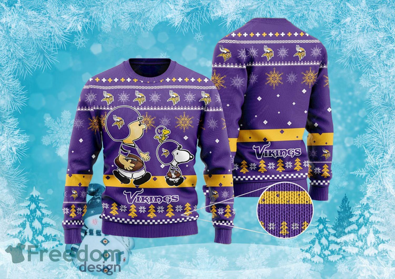 Charlie Brown Minnesota Vikings Snoopy Ugly Christmas Sweater Snowflake Full Over Print Product Photo 1