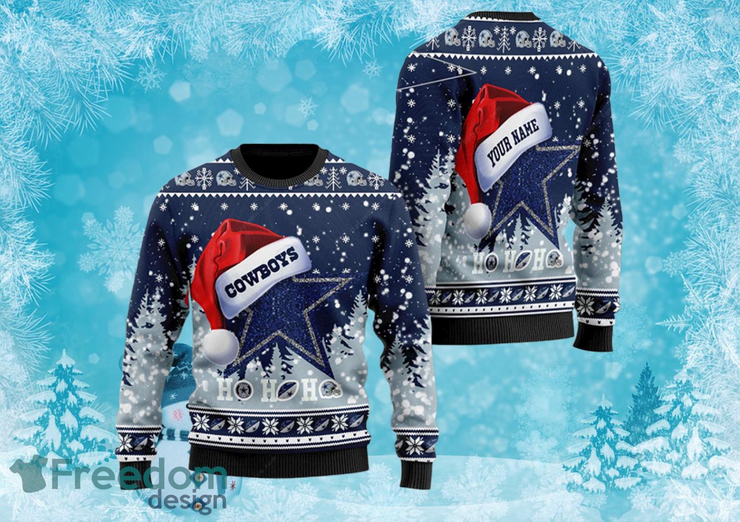 Dallas Cowboys Santa Hat Ho Ho Ho Personalized Ugly Christmas Sweater Full Over Print Product Photo 1