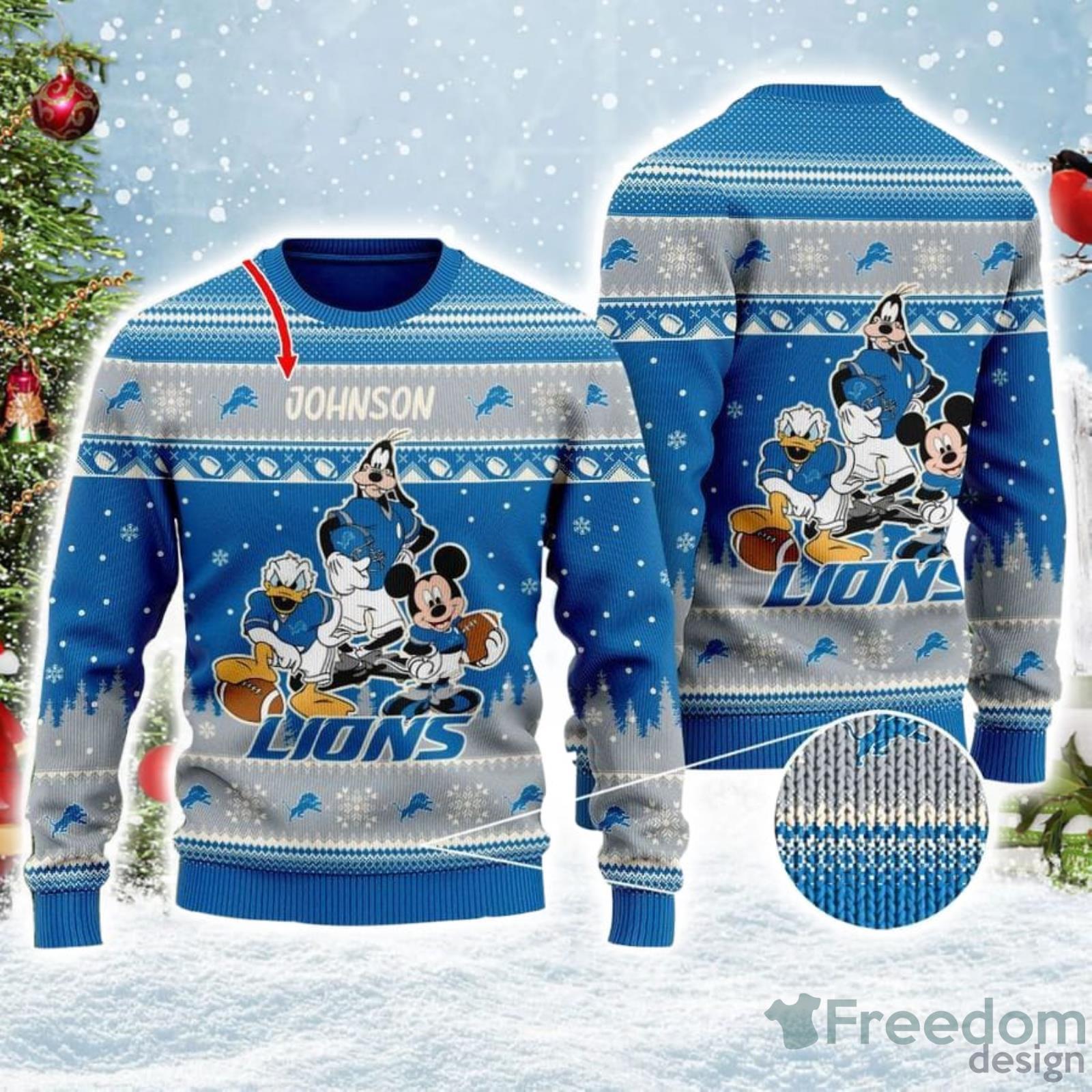 Detroit Lions Team X Disney Custom Name Ugly Xmas Sweater - Bring