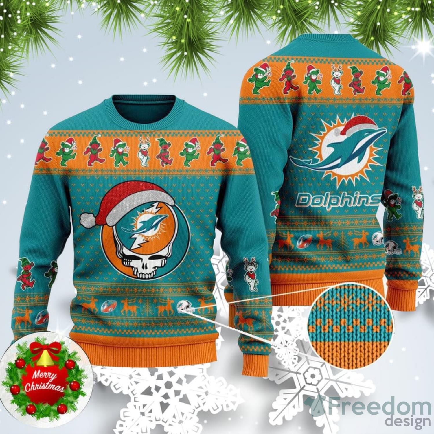 Miami Dolphins Christmas Skull Halloween Ugly Christmas Sweater - Banantees