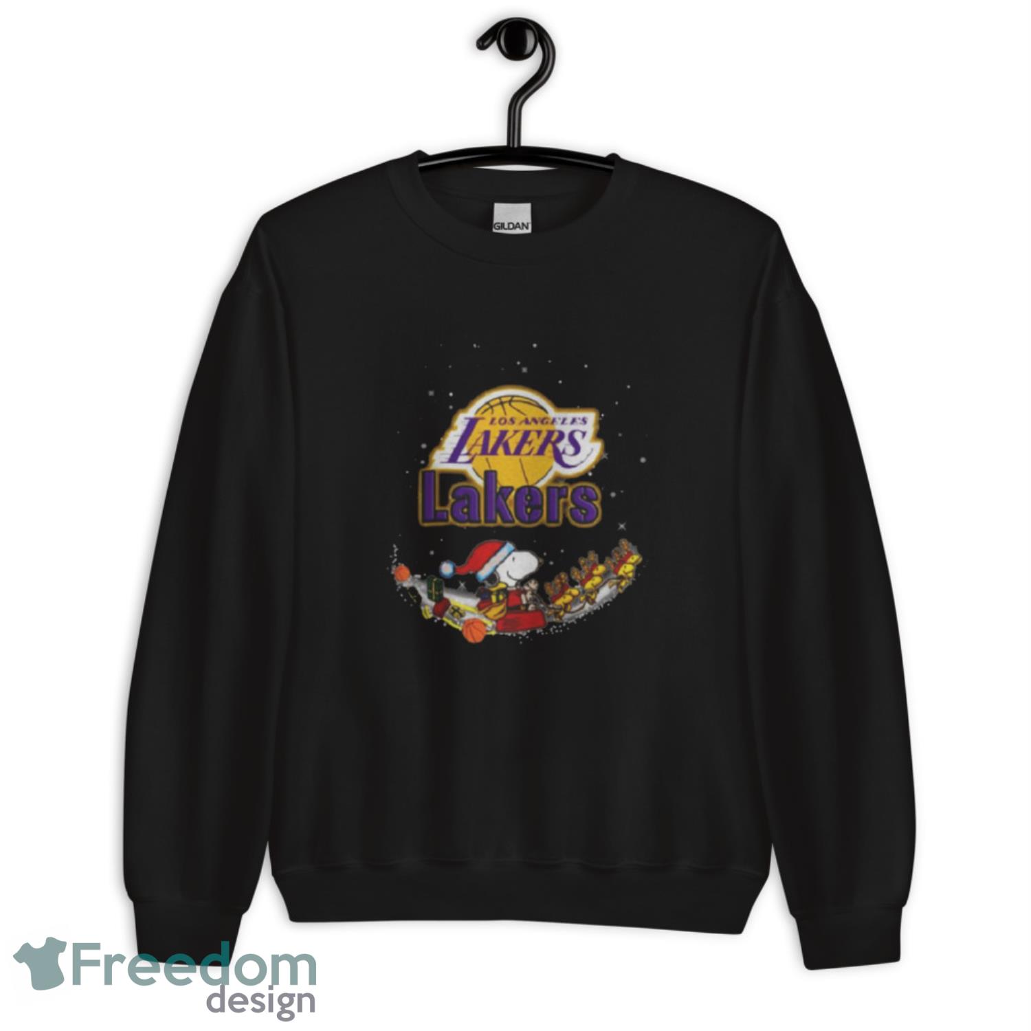 Los Angeles Lakers Santa Snoopy and Woodstock 2022 Christmas Tshirt - G185 Unisex Heavy Blend Crewneck Sweatshirt