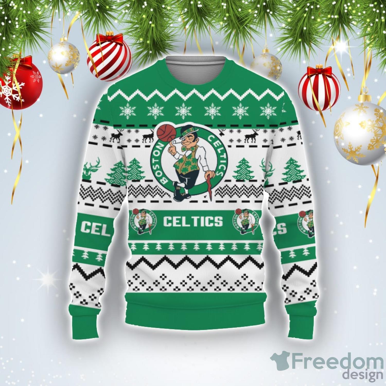 Merry Christmas Snow Pattern Funny Cute Boston Celtics Ugly Christmas Sweater Product Photo 1