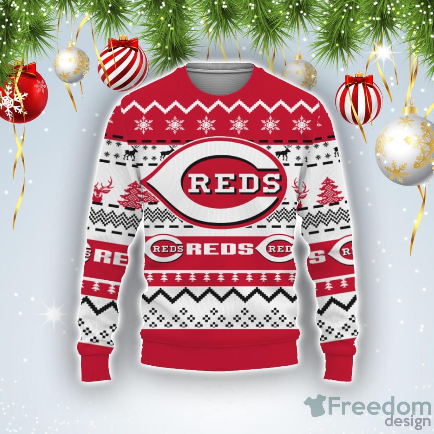 Merry Christmas Snow Pattern Funny Cute Cincinnati Reds Ugly Christmas Sweater Product Photo 1