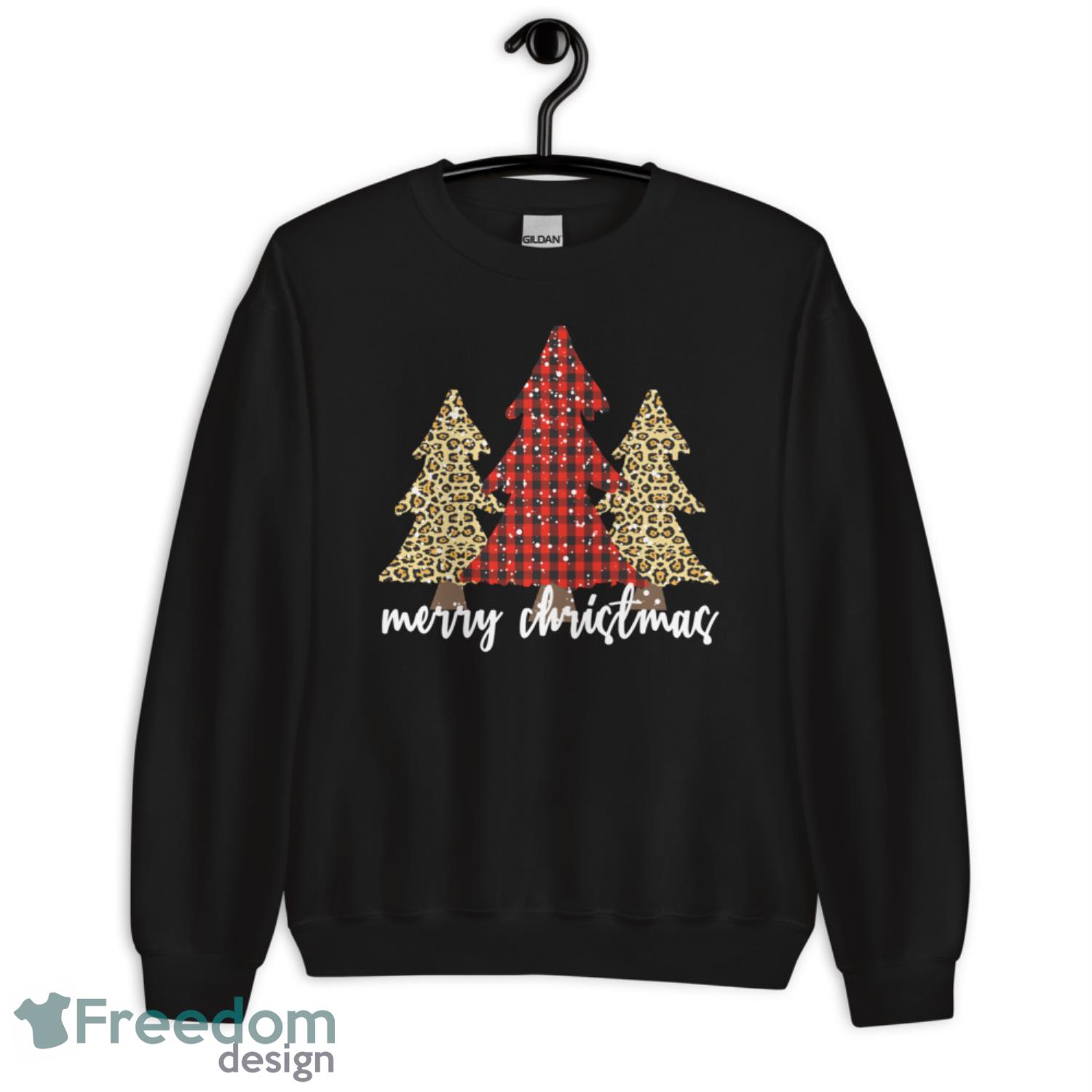 Merry Christmas Trees Cheetah Print Buffalo Check Plaid Shirt - G185 Unisex Heavy Blend Crewneck Sweatshirt