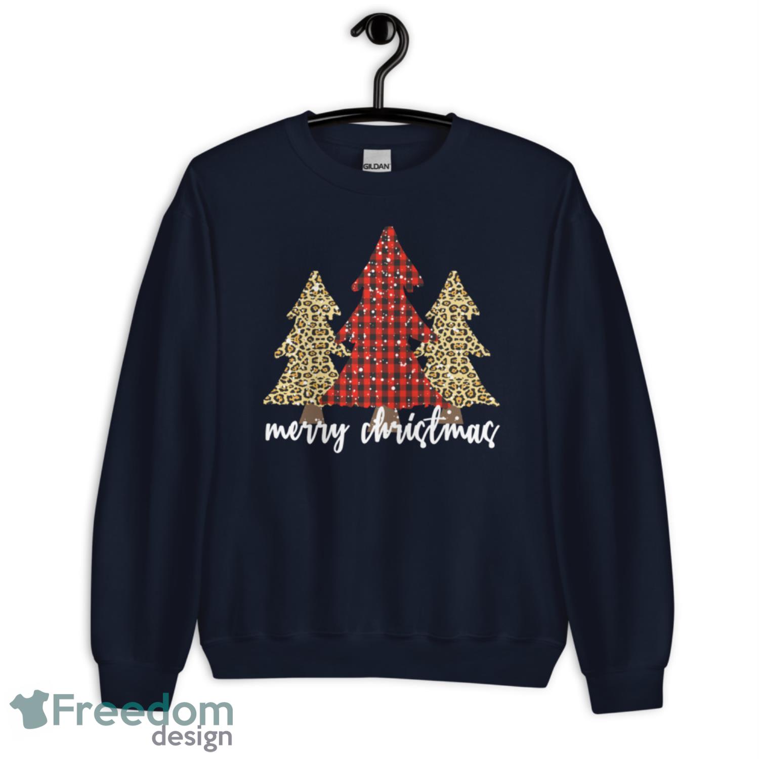 Merry Christmas Trees Cheetah Print Buffalo Check Plaid Shirt - G185 Unisex Heavy Blend Crewneck Sweatshirt-1