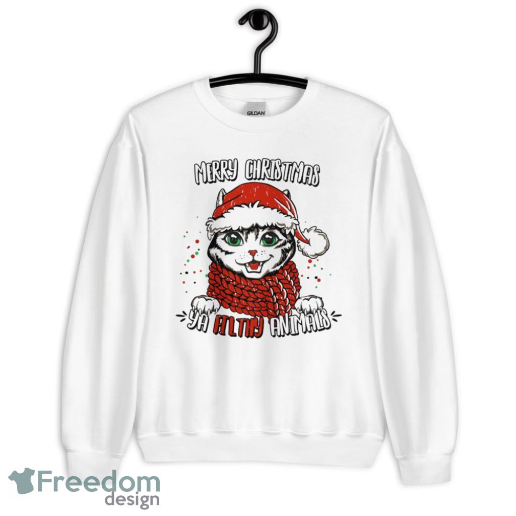 Merry Christmas Ya Filthy Animals Cat With Santa Hat Shirt - G185 Crewneck Sweatshirt