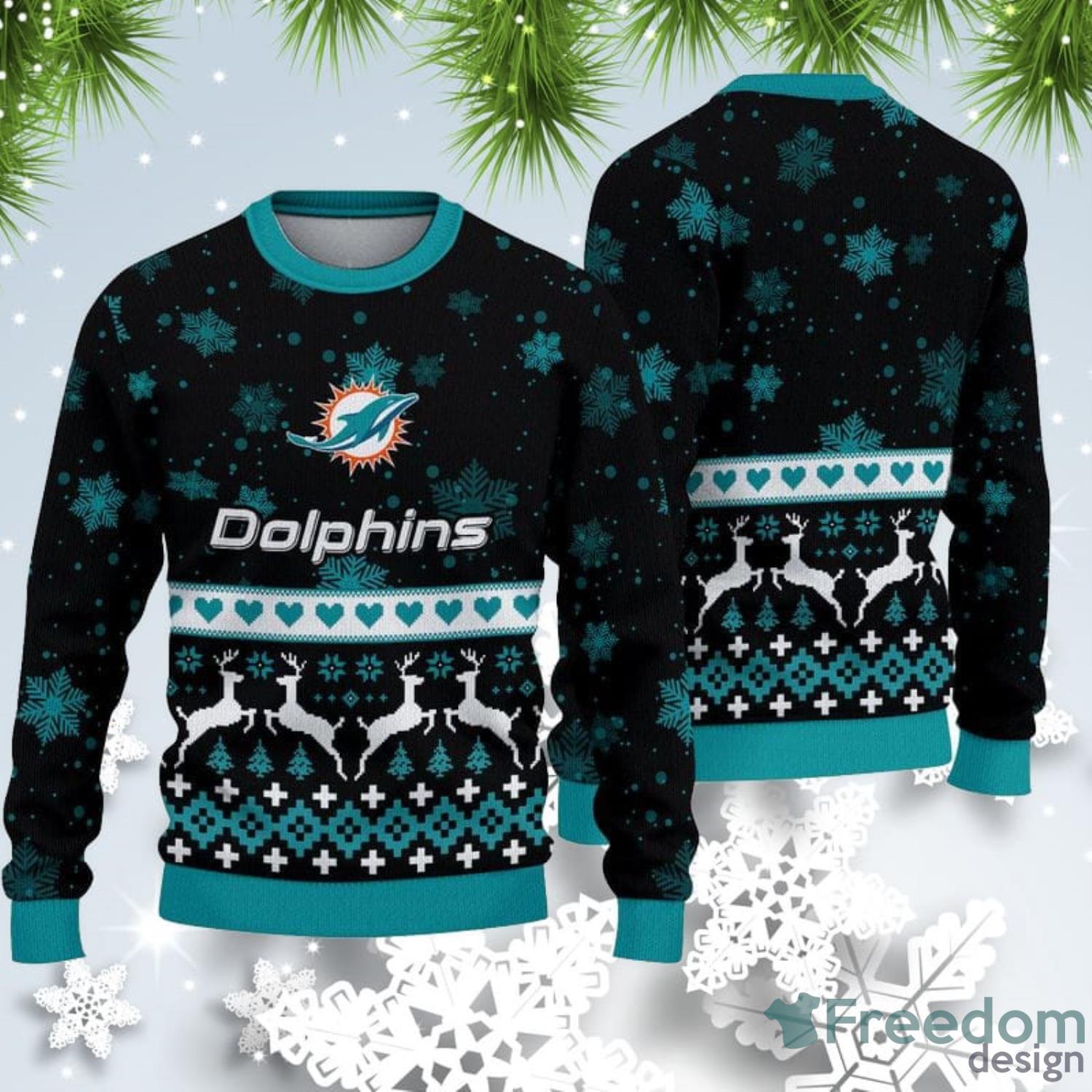 Miami Dolphins Christmas Snow Heart Pattern Ugly Christmas Sweater