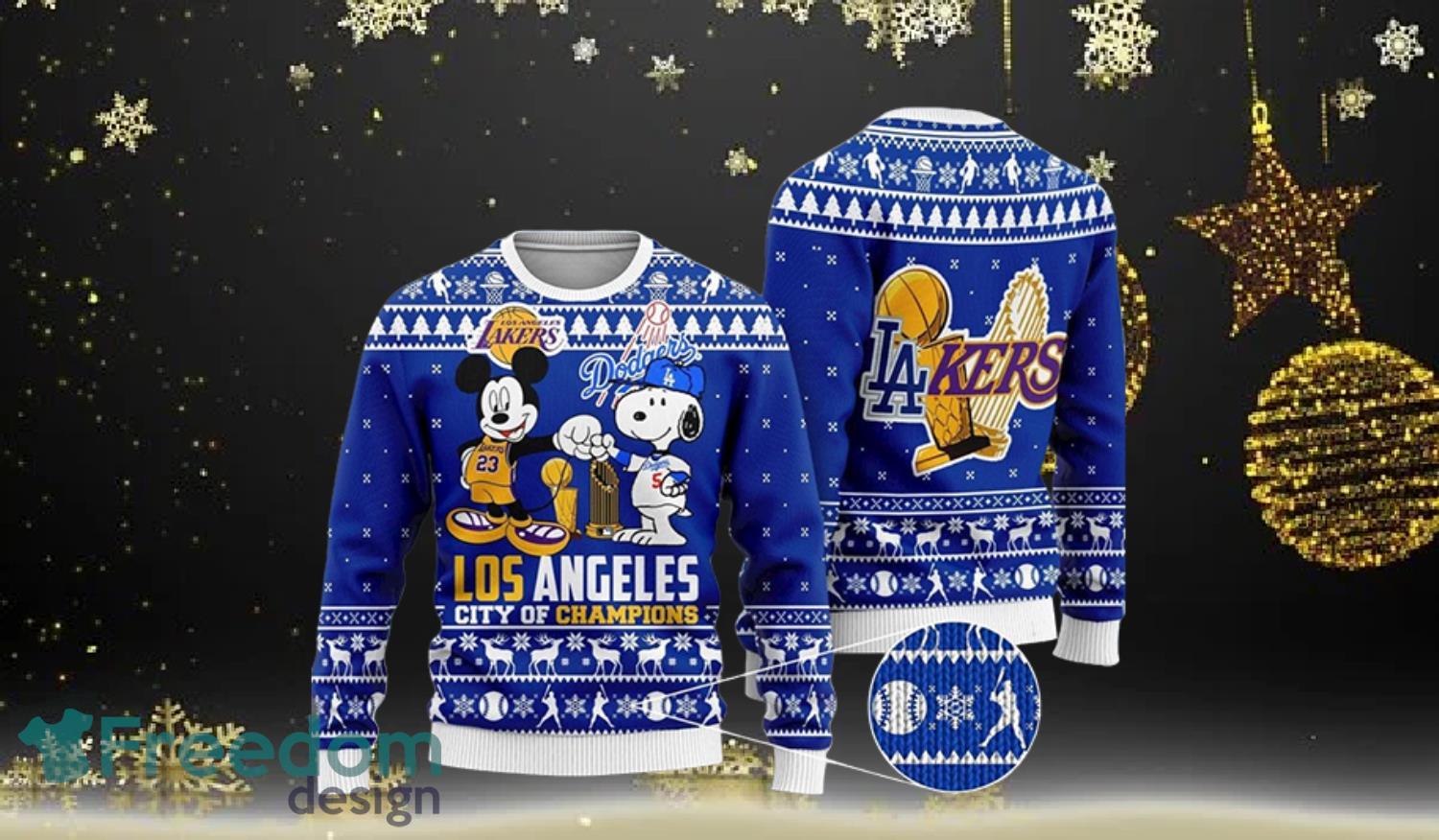 Mickey Mouse Los Angeles Lakers And Snoopy Los Angeles Dodgers All Over Print Ugly Sweater Product Photo 1
