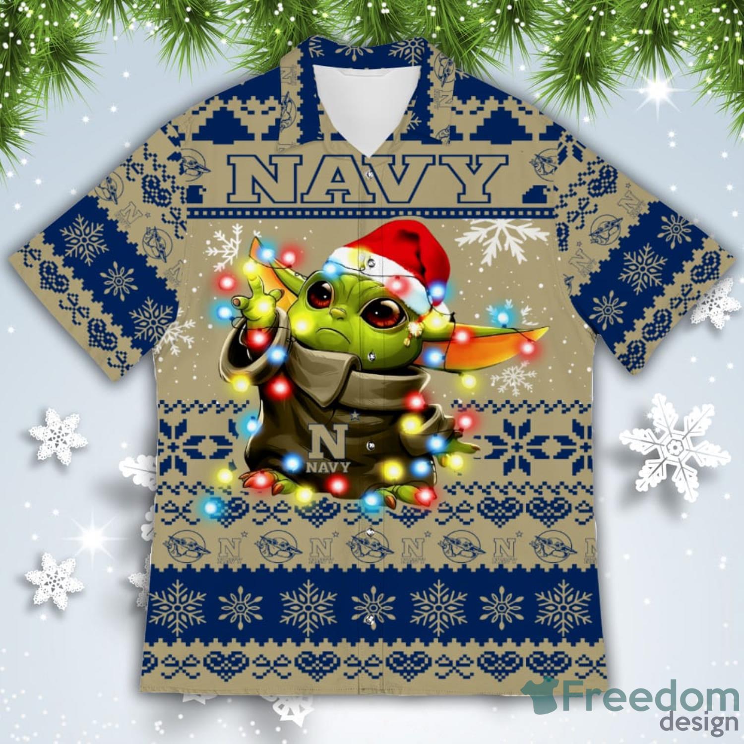 Navy Midshipmen Baby Yoda Star Wars American Ugly Christmas Sweater Pattern Hawaiian Shirt image Navy Midshipmen Baby Yoda Star Wars American Ugly Christmas Sweater Pattern Hawaiian Shirt Product Photo 2