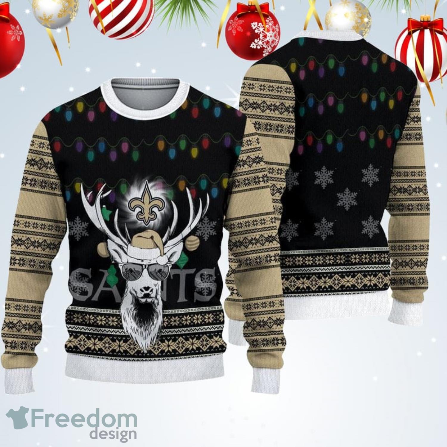 New Orleans Saints Christmas Cool Reindeer Christmas Light Ugly Christmas Sweater Product Photo 1