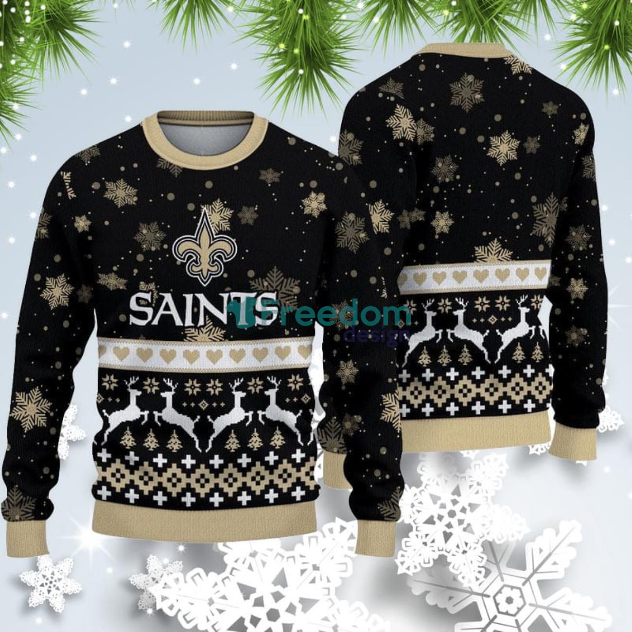 New Orleans Saints Christmas Snow Heart Pattern Ugly Christmas Sweater Product Photo 1 New Orleans Saints Christmas Snow Heart Pattern Ugly Christmas Sweater Product Photo 1