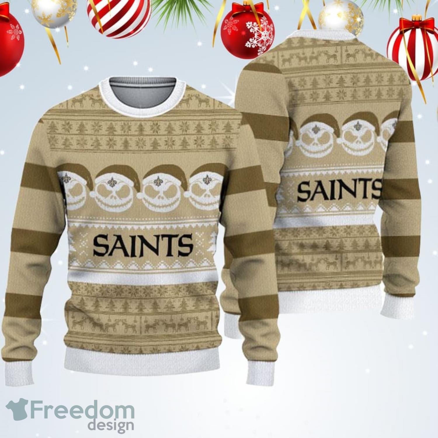 New Orleans Saints Jack Skellington Face Pattern Ugly Christmas Sweater Product Photo 1