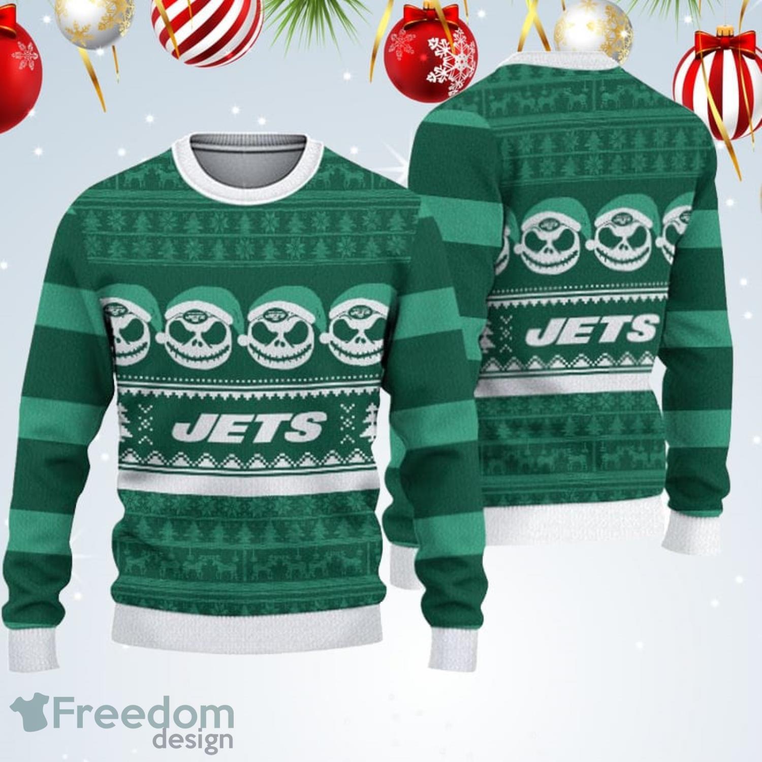 New York Jets Jack Skellington Face Pattern Ugly Christmas Sweater Product Photo 1