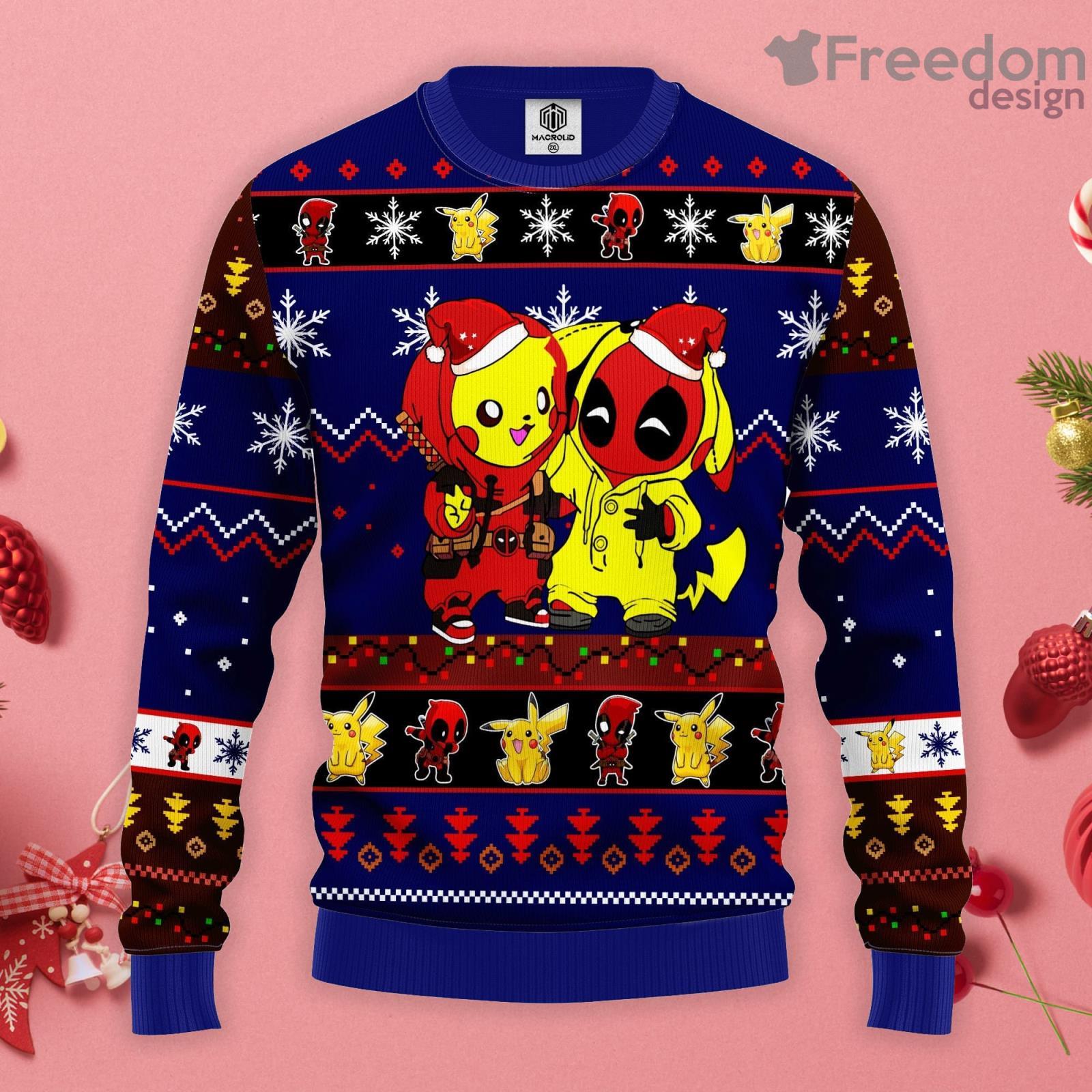 Pikachu Deadpool Blue Ugly Christmas Sweater Product Photo 1 Pikachu Deadpool Blue Ugly Christmas Sweater Product Photo 1