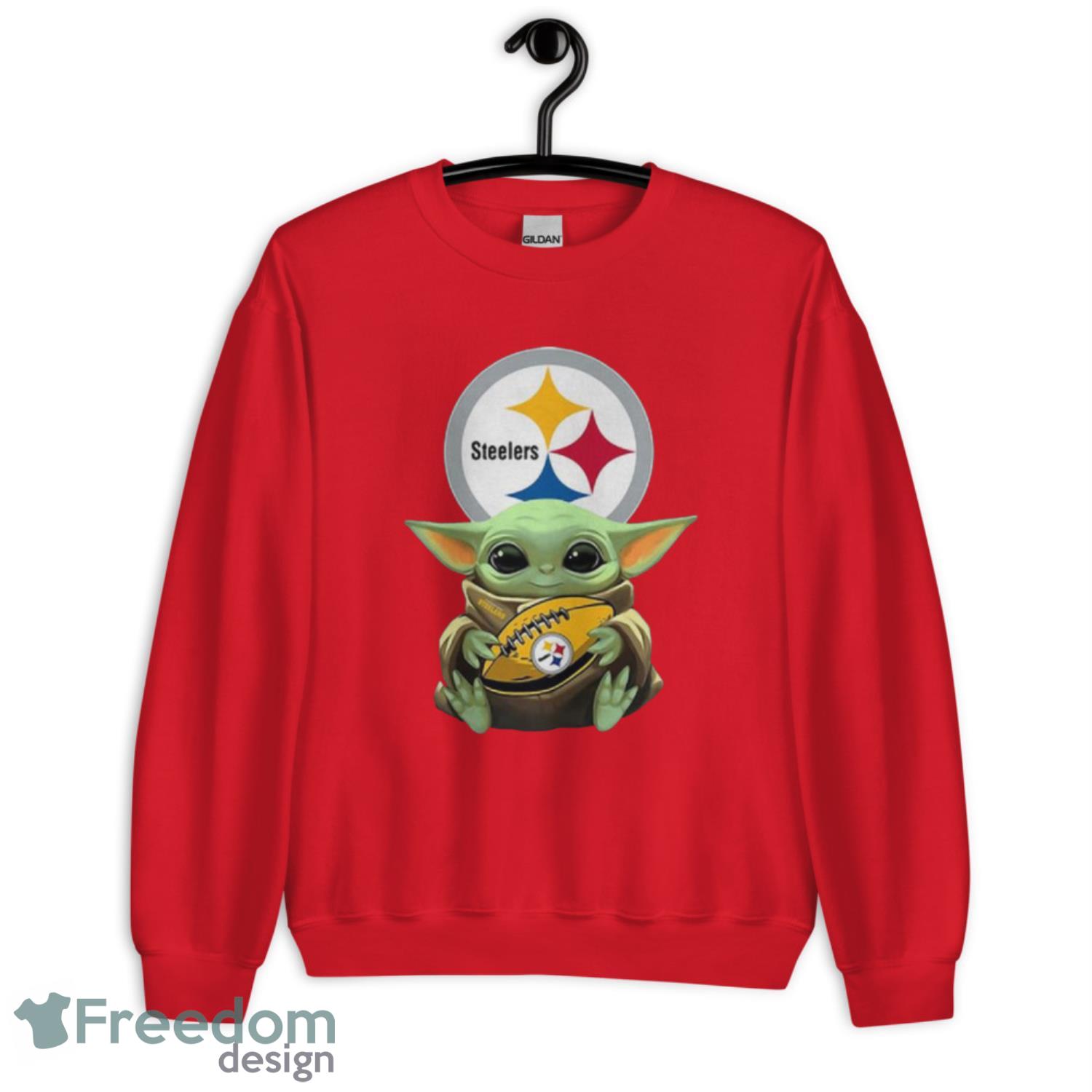 Pittsburgh Steelers Official Star Wars Football Baby Yoda Hug Pittsburgh Steelers Christmas Shirt - G185 Unisex Heavy Blend Crewneck Sweatshirt-1