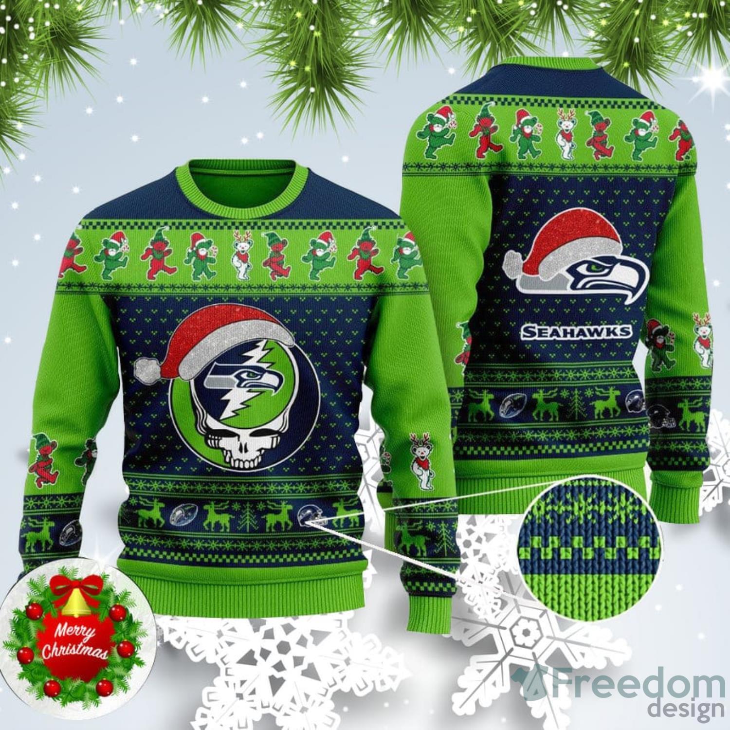 Seahawks Skull Santa Hat Ugly Christmas Sweater For Fans - Freedomdesign