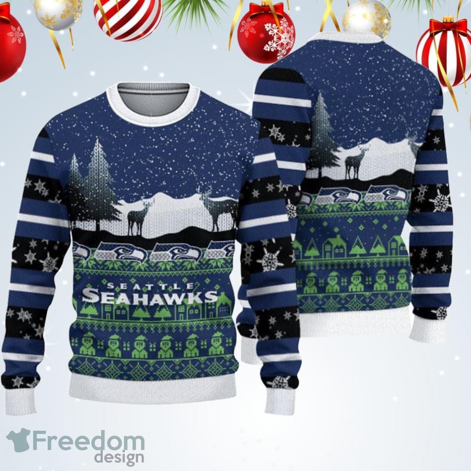 Seattle Seahawks Snowflakes Reindeer Pattern Ugly Xmas Sweater For