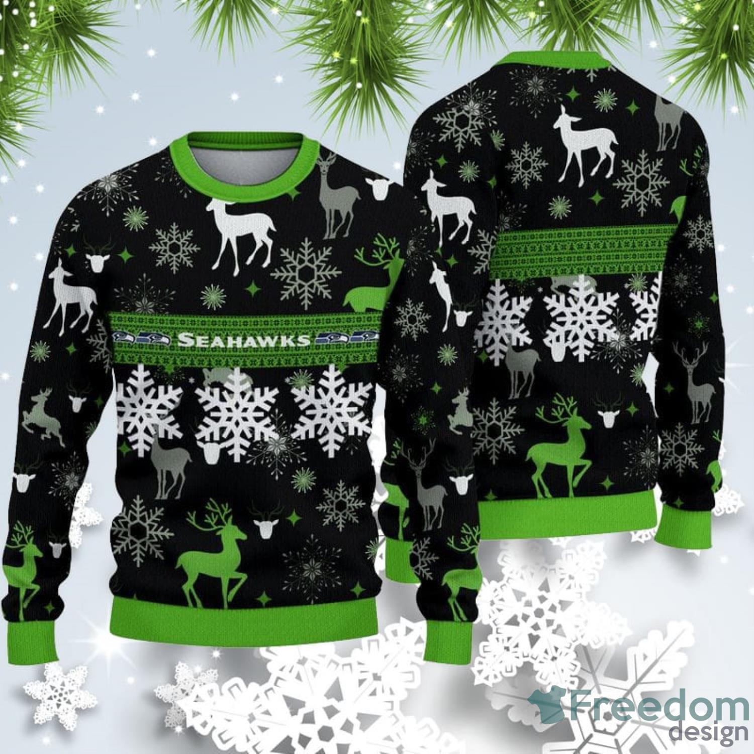 Seattle Seahawks Snowflakes Reindeer Pattern Ugly Xmas Sweater For