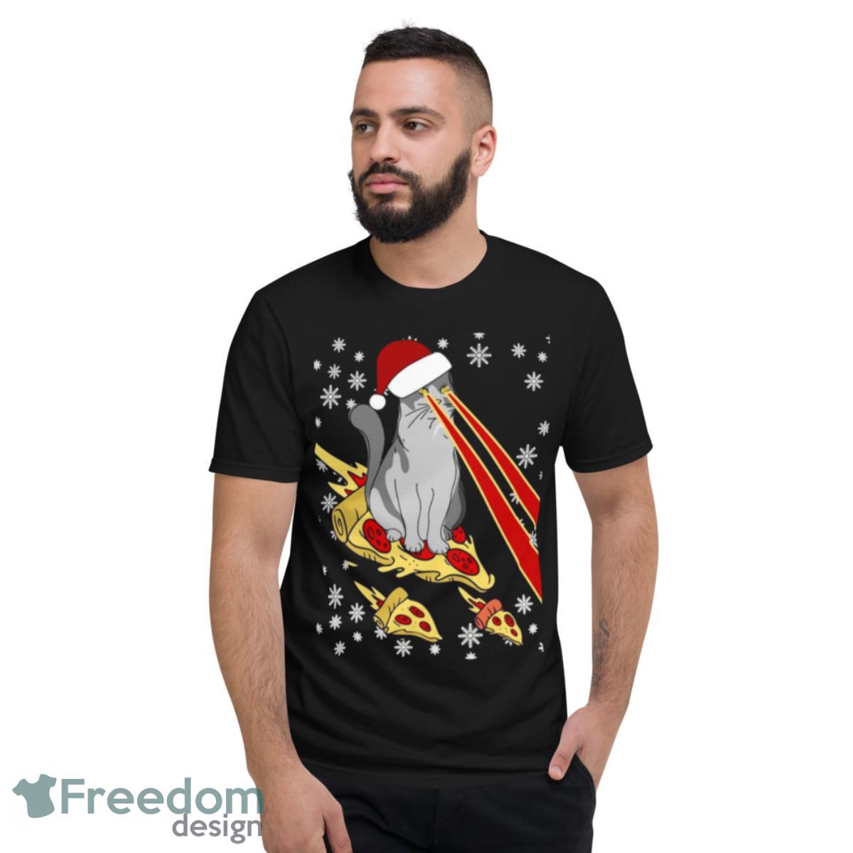 Christmas Cat Riding Pizza Cat Laser Beam shirt - Short Sleeve T-Shirt