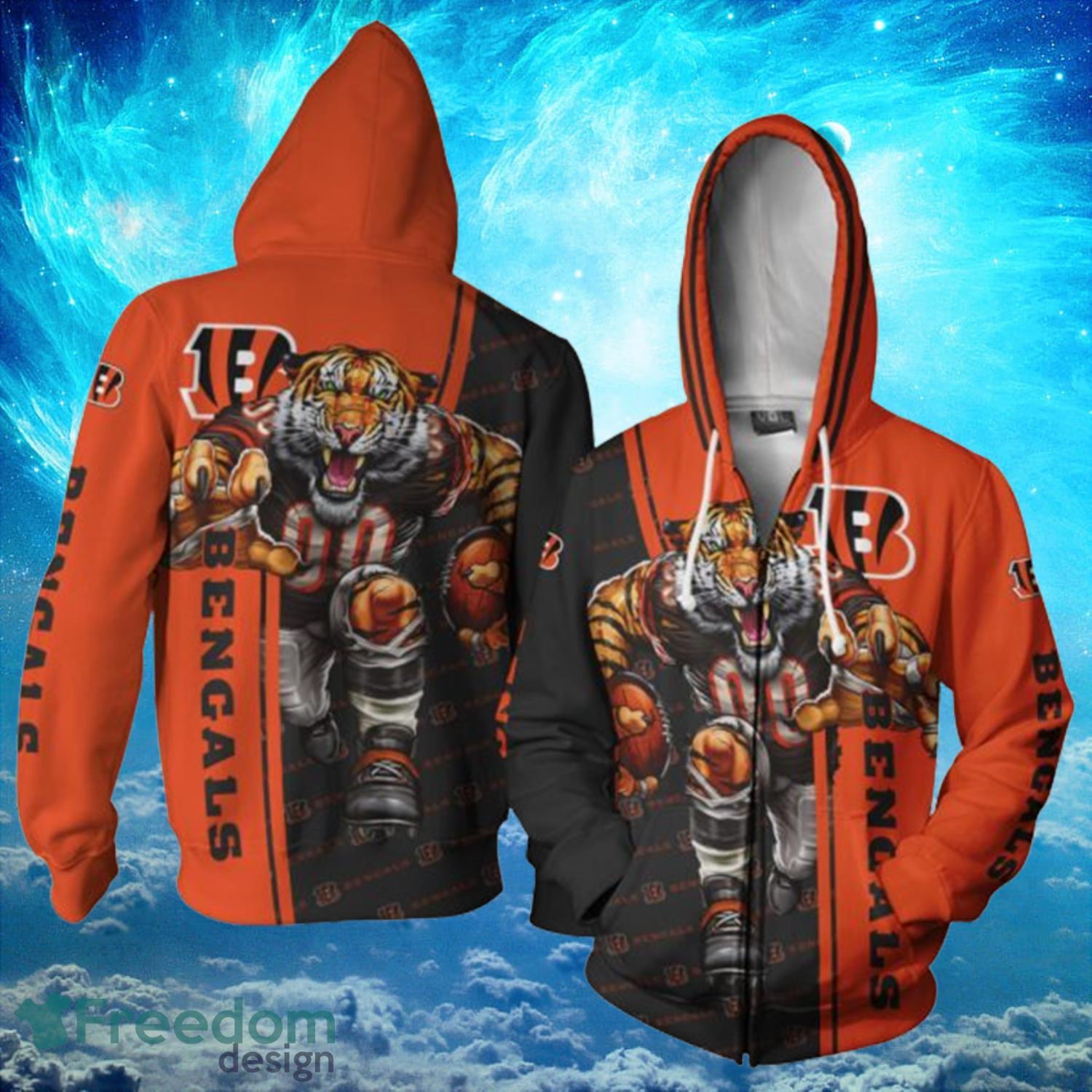 Cincinnati Bengals Mascot Ultra Cool Orange Black Background Hoodies Full  Over Print - Freedomdesign