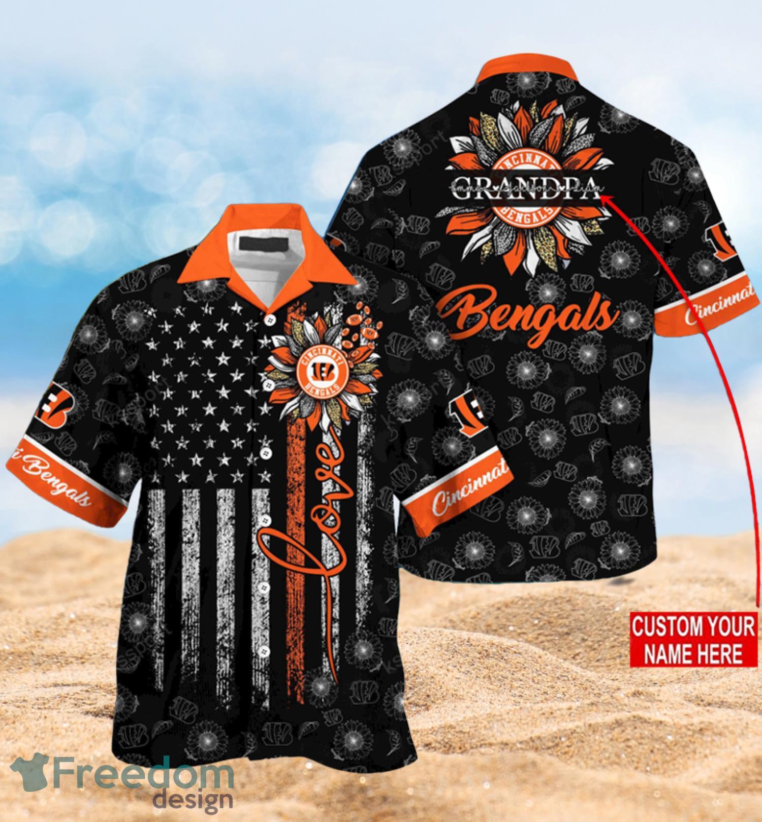 Cincinnati Bengals NFL Custom Name Sunflowers Love And American Flag Hawaiian Shirt Full Over Print Product Photo 1