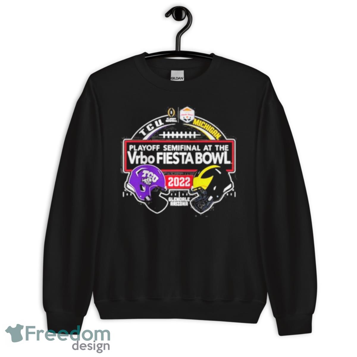 Glendale Arizona TCU Horned Frogs vs Michigan Wolverines CFP Semifinal Vrbo Fiesta Bowl 2022 Shirt image Glendale Arizona TCU Horned Frogs vs Michigan Wolverines CFP Semifinal Vrbo Fiesta Bowl 2022 Shirt - Unisex Crewneck Sweatshirt