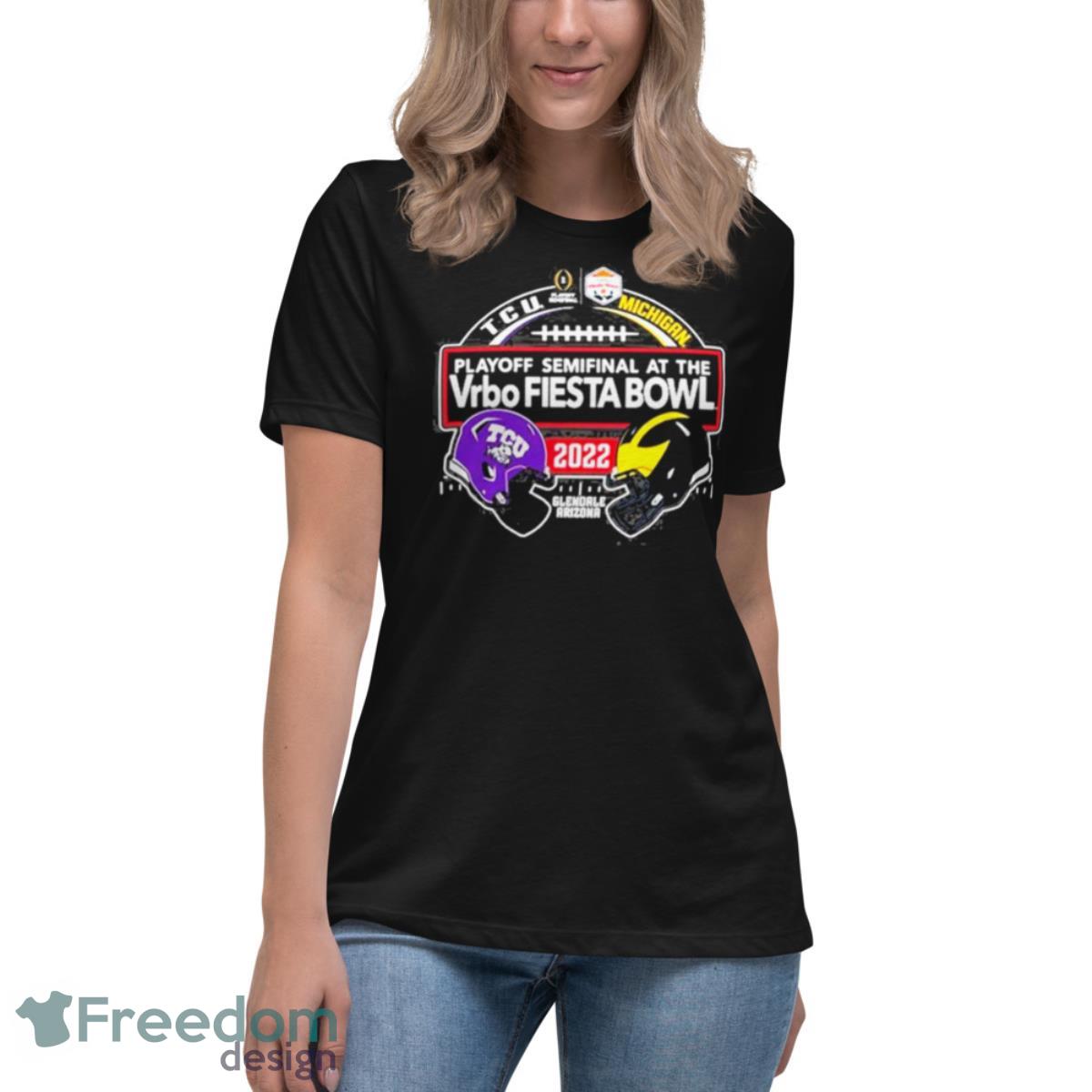 Glendale Arizona TCU Horned Frogs vs Michigan Wolverines CFP Semifinal Vrbo Fiesta Bowl 2022 Shirt - Womens Relaxed Short Sleeve Jersey Tee Glendale Arizona TCU Horned Frogs vs Michigan Wolverines CFP Semifinal Vrbo Fiesta Bowl 2022 Shirt - Womens Relaxed Short Sleeve Jersey Tee