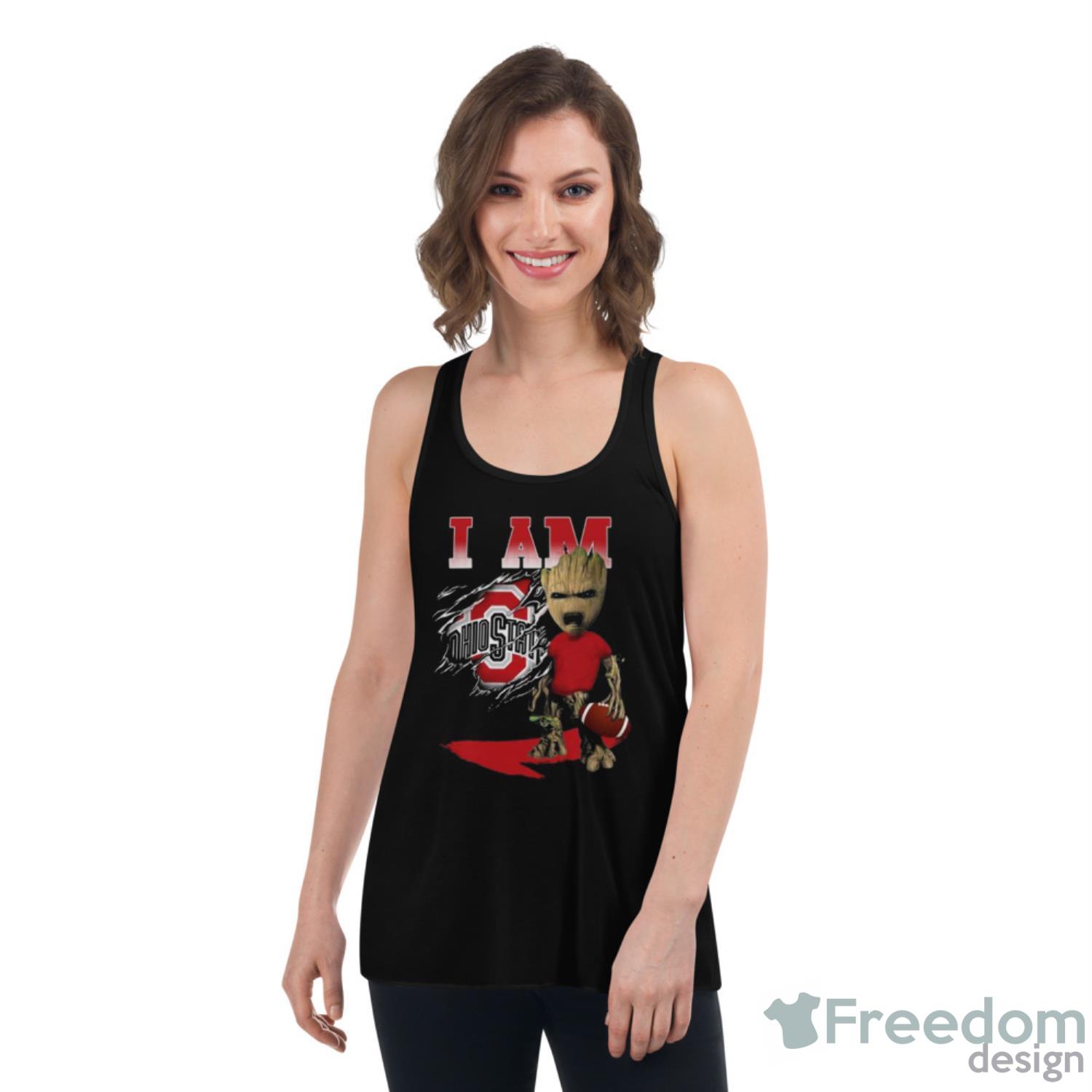 I Am Ohio State Buckeyes Groot Shirt - Womens Flowy Racerback Tank I Am Ohio State Buckeyes Groot Shirt - Womens Flowy Racerback Tank