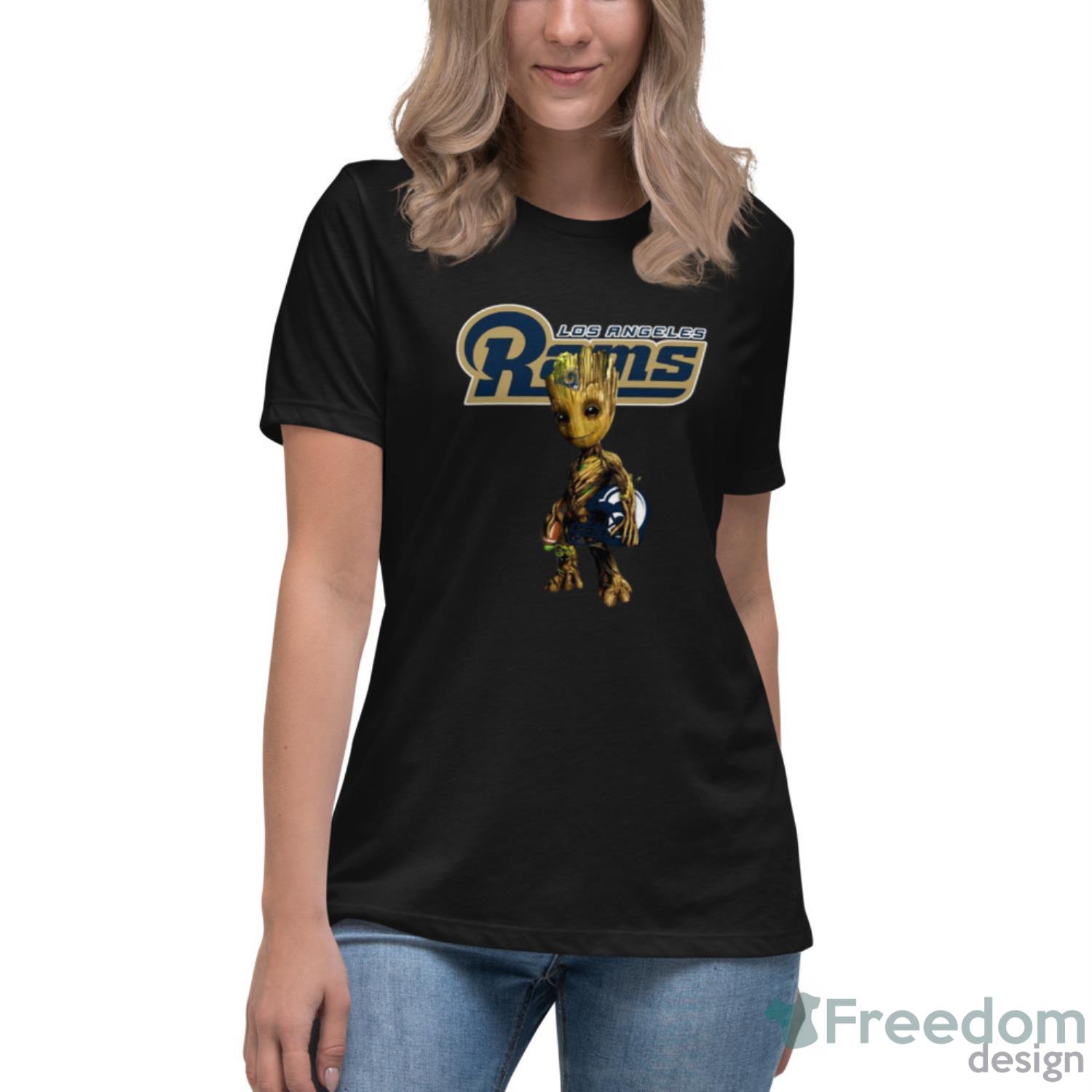 Los Angeles Rams NFL Football Groot Marvel Guardians Of The Galaxy Shirt - Womens Relaxed Short Sleeve Jersey Tee Los Angeles Rams NFL Football Groot Marvel Guardians Of The Galaxy Shirt - Womens Relaxed Short Sleeve Jersey Tee
