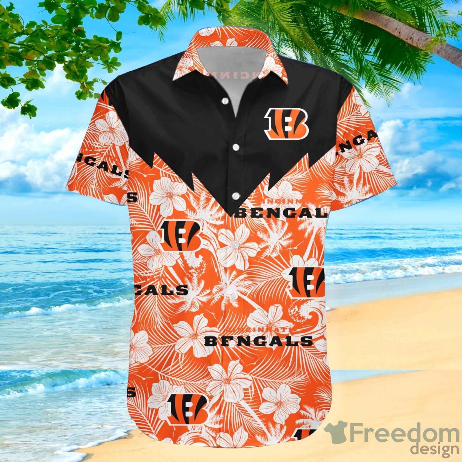 Nfl Cincinnati Bengals Tropical Flowers Orange Trendy Hawaiian