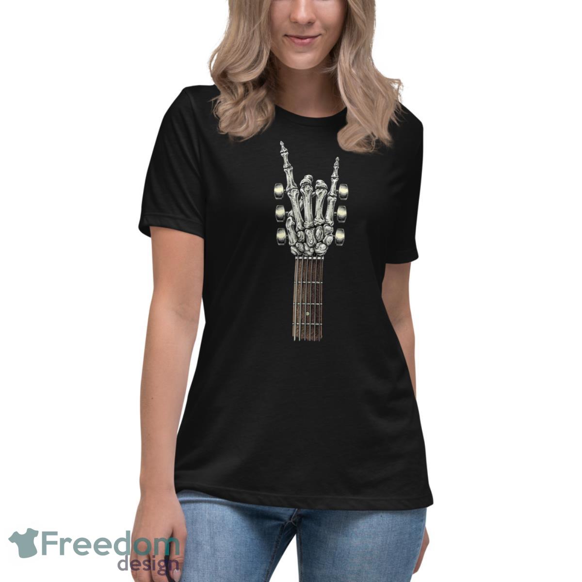 Rock On Guitar Neck - With A Sweet Rock & Roll Skeleton Hand Shirt - Womens Relaxed Short Sleeve Jersey Tee Rock On Guitar Neck - With A Sweet Rock & Roll Skeleton Hand Shirt - Womens Relaxed Short Sleeve Jersey Tee