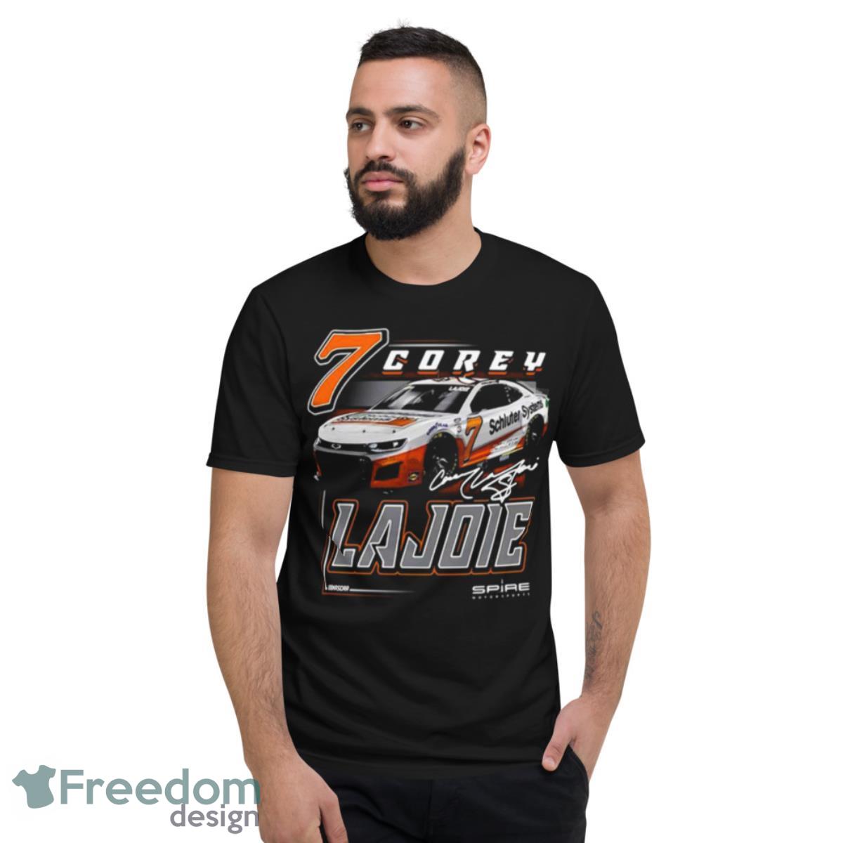 Corey LaJoie Checkered Flag Schluter Systems Car Signature Shirt - Short Sleeve T-Shirt