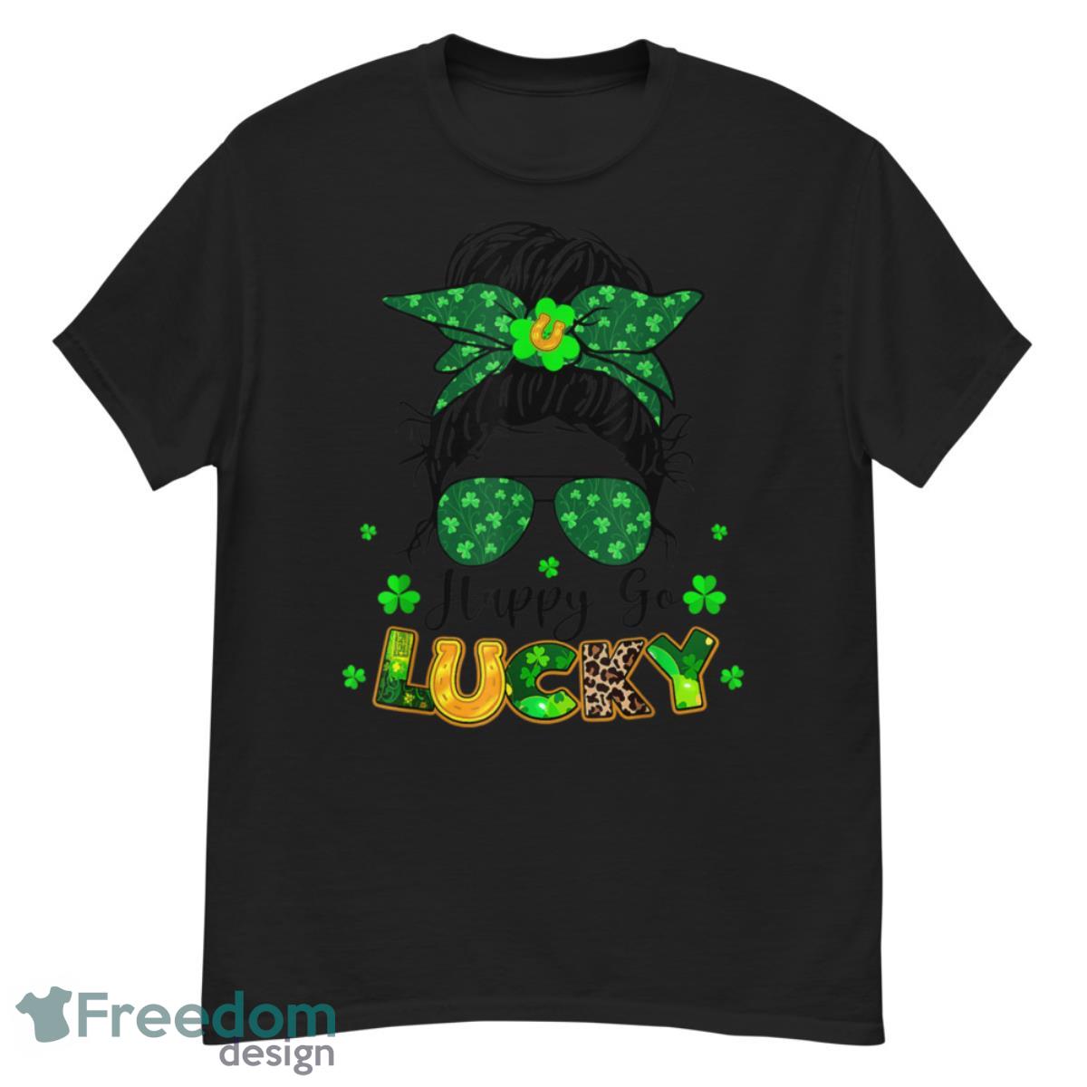 Women Happy Go Lucky Messy Bun Shamrock St Patrick's Day Shirt - G500 Men’s Classic T-Shirt