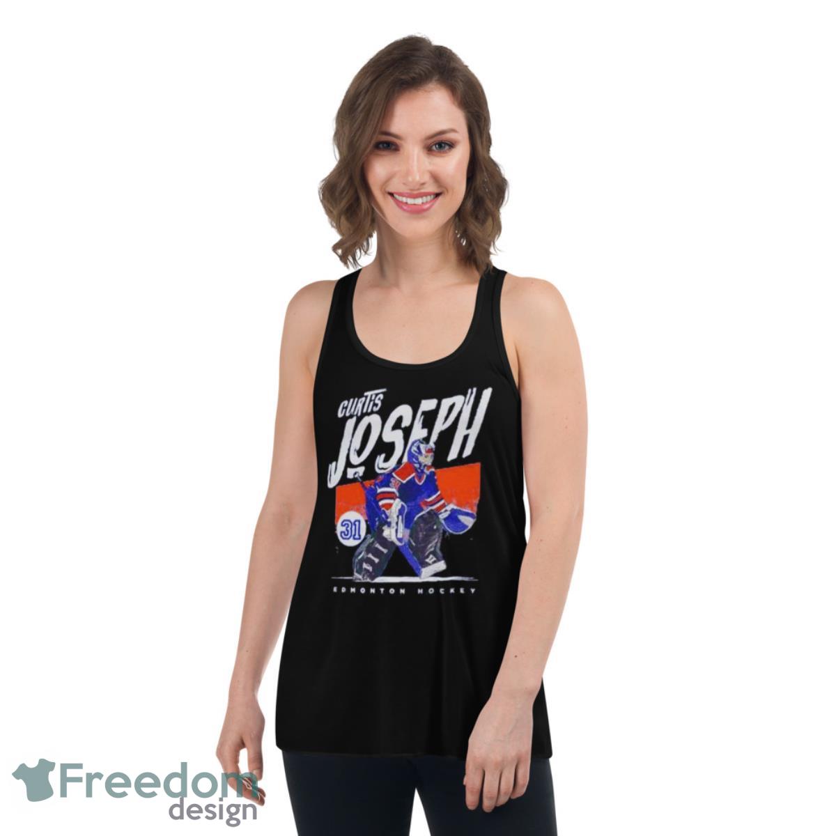 Curtis Joseph Edmonton Oilers Hockey Shirt - Womens Flowy Racerback Tank Curtis Joseph Edmonton Oilers Hockey Shirt - Womens Flowy Racerback Tank