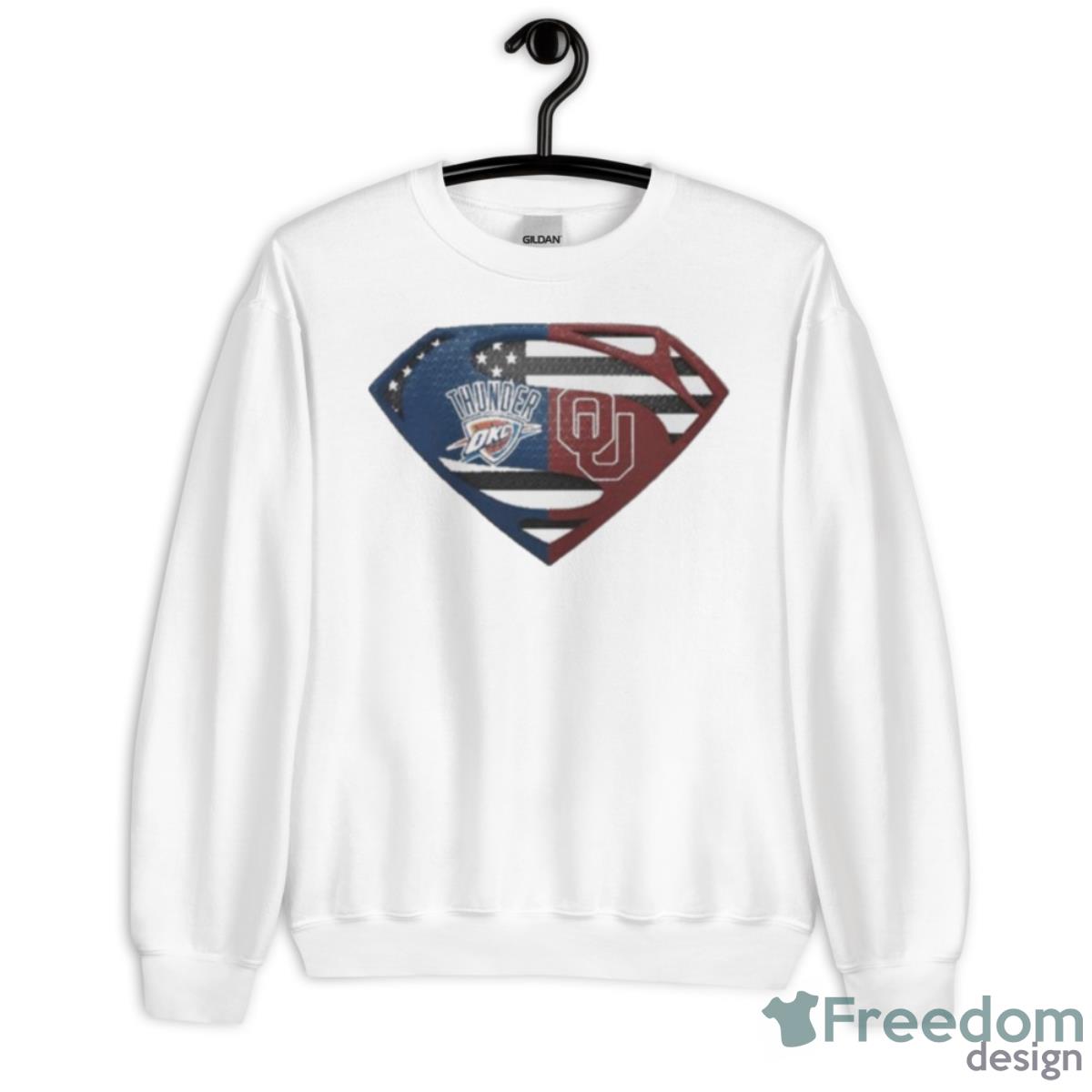 Original Oklahoma City Thunder Oklahoma Sooners Superman Logo Us Flag Shirt - Unisex Heavy Blend Crewneck Sweatshirt