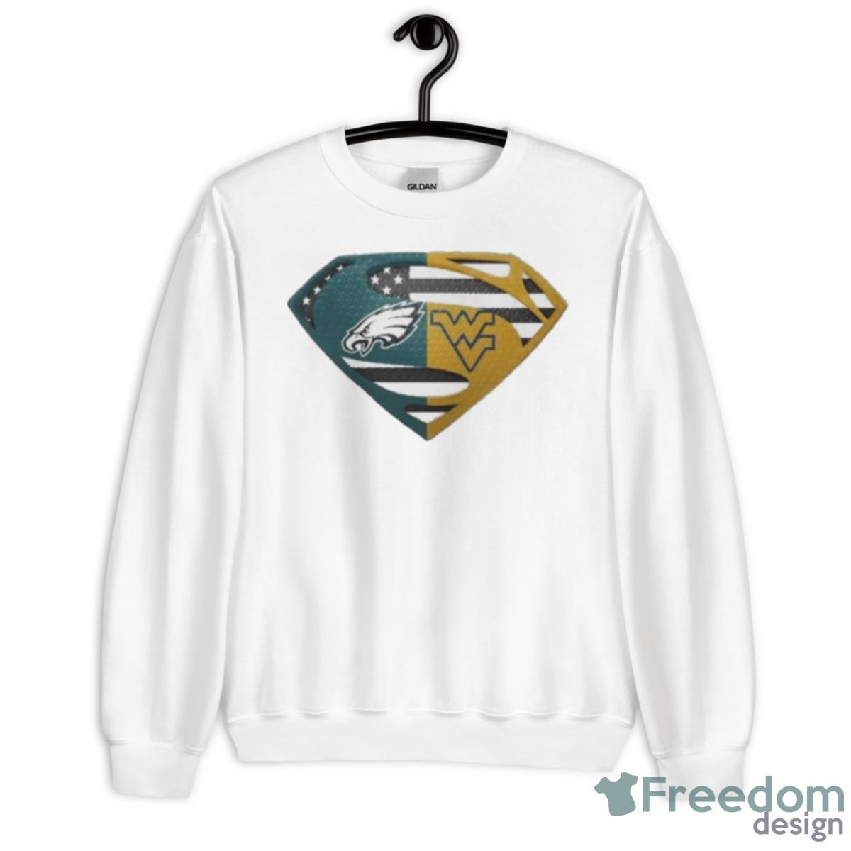 Original Philadelphia Eagles West Virginia Mountaineers Superman Logo Us Flag Shirt - Unisex Heavy Blend Crewneck Sweatshirt