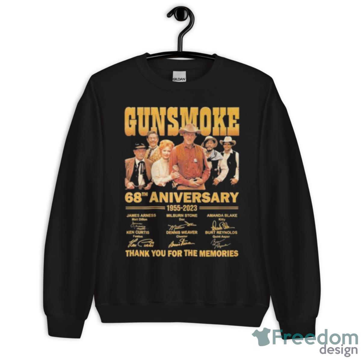 68th Anniversary 1955 – 2023 Gunsmoke Thank You For The Memories Signatures Shirt - Unisex Crewneck Sweatshirt