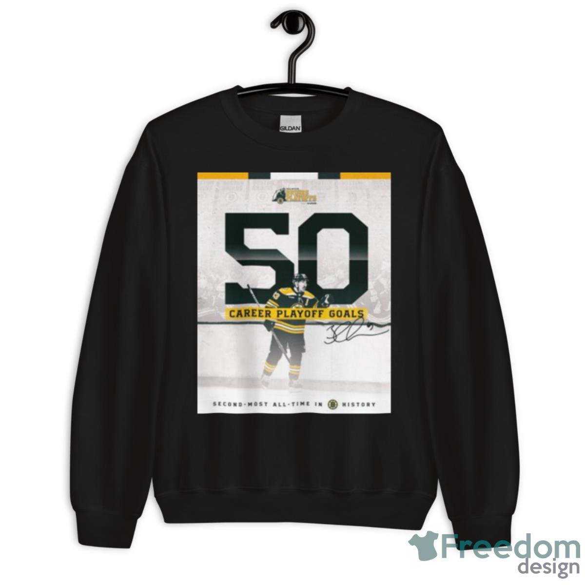 Boston Bruins 2023 Playoffs Career Playoff Goals Second Most All Time In History Signatures Shirt - Unisex Crewneck Sweatshirt