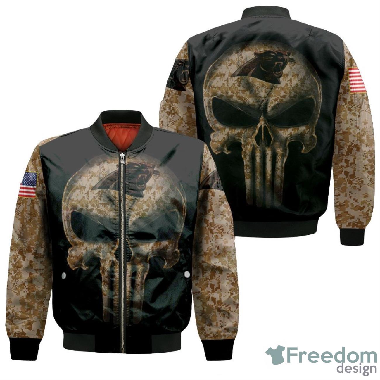 Camouflage Skull Carolina Panthers American Flag Bomber Jacket Product Photo 1