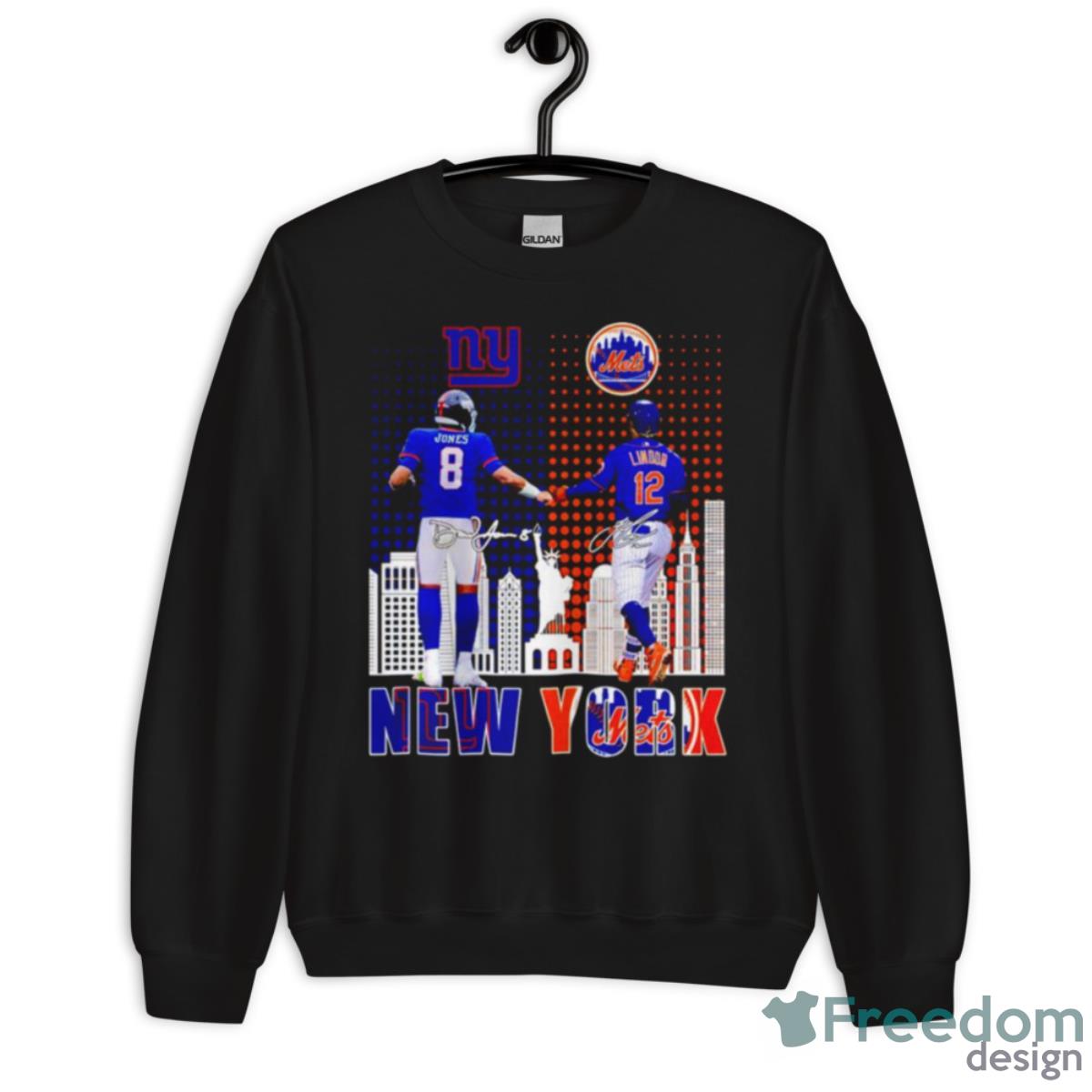 Daniel Jones New York Giants And Francisco Lindor New York Mets Signature Shirt - Unisex Crewneck Sweatshirt