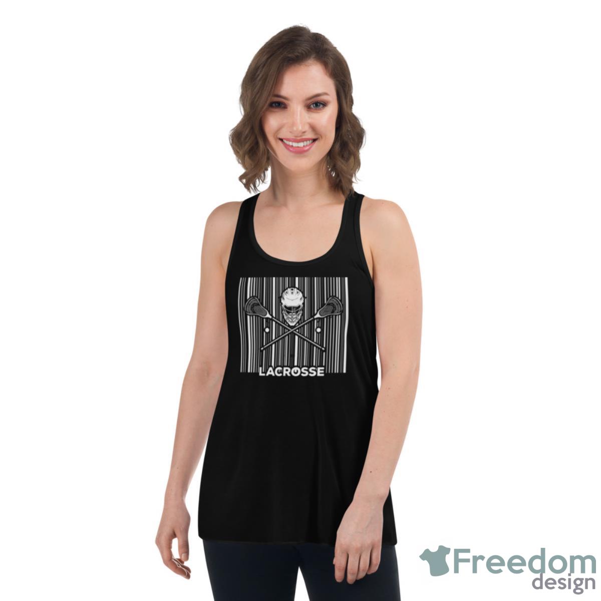 Field Game Sticks Mask Barcode Player Lacrosse Shirt - Womens Flowy Racerback Tank Field Game Sticks Mask Barcode Player Lacrosse Shirt - Womens Flowy Racerback Tank