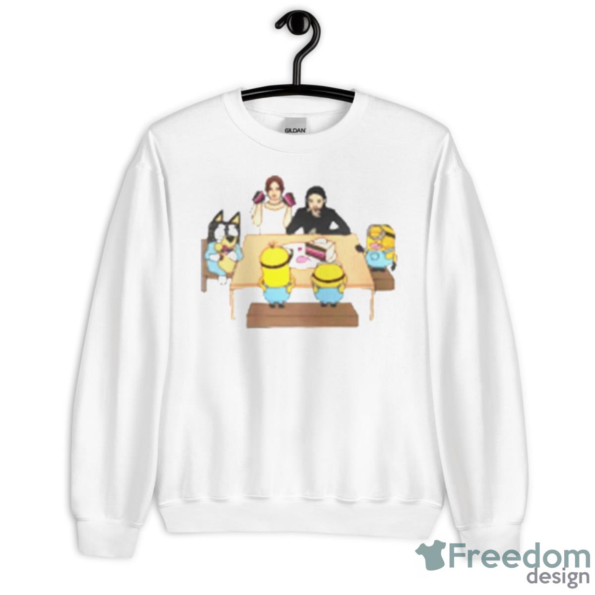 Irene And Seulgi Bandit Heeler And 3 Main Minions Sharing A Four Layer Ice Cream Cake Shirt - Unisex Heavy Blend Crewneck Sweatshirt
