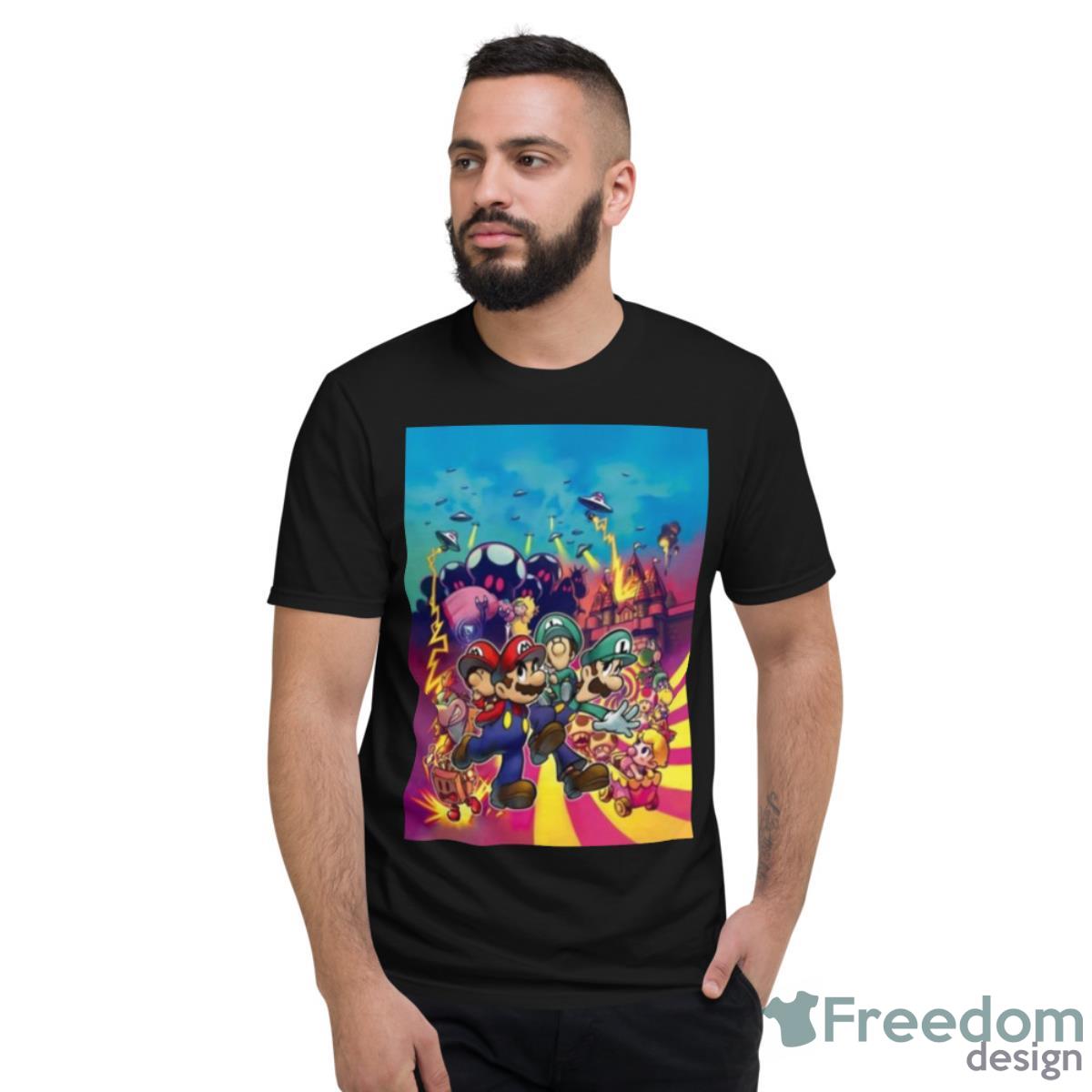 Mario And LuigI With Their Baby Alter Egos On Their Backs And All Manner Of Chaos In The Shirt - Short Sleeve T-Shirt