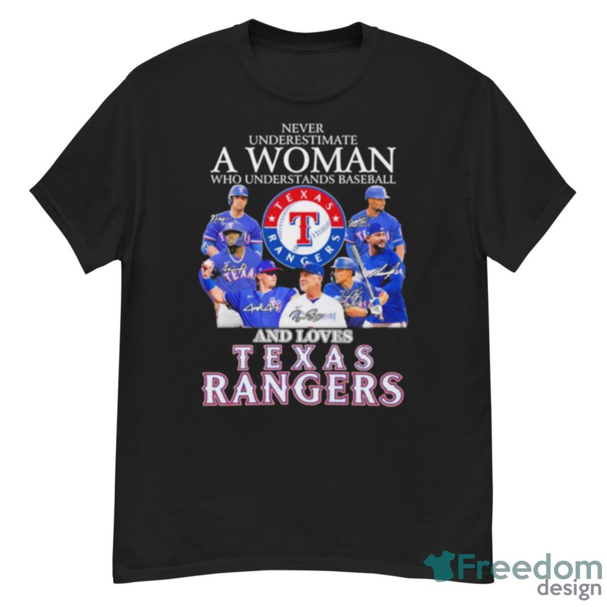 Never Underestimate A Woman Who Understands Baseball And Love Texas Rangers Signatures Shirt - G500 Men’s Classic T-Shirt