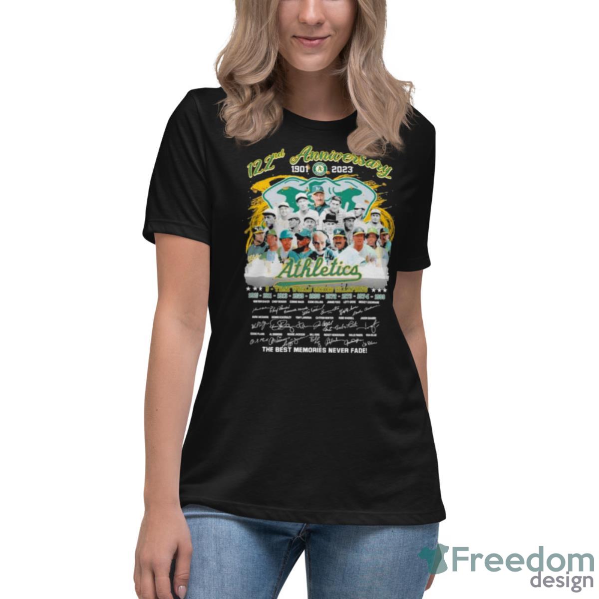 Oakland Athletics 122nd Anniversary 1901 2023 9 Time World Series Champions The Best Memories Never Fade Shirt - Womens Relaxed Short Sleeve Jersey Tee Oakland Athletics 122nd Anniversary 1901 2023 9 Time World Series Champions The Best Memories Never Fade Shirt - Womens Relaxed Short Sleeve Jersey Tee