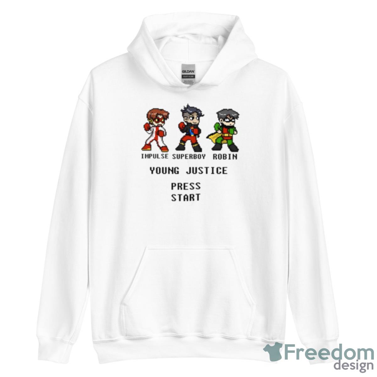 Press Start Game Young Justice Go Shirt - Unisex Heavy Blend Hooded Sweatshirt Press Start Game Young Justice Go Shirt - Unisex Heavy Blend Hooded Sweatshirt