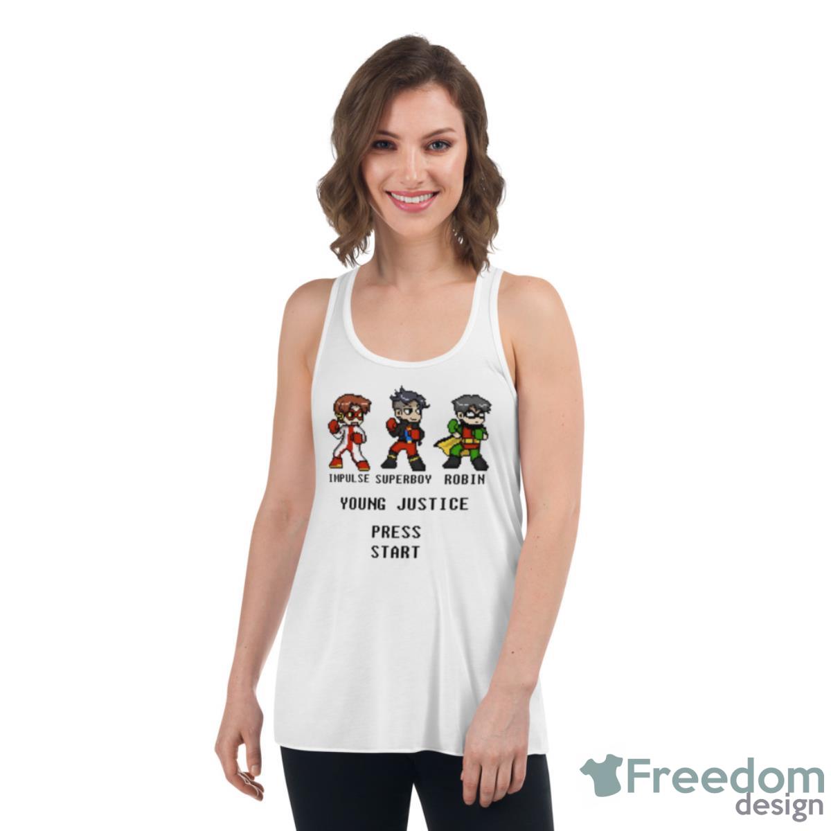 Press Start Game Young Justice Go Shirt - Womens Flowy Racerback Tank Press Start Game Young Justice Go Shirt - Womens Flowy Racerback Tank