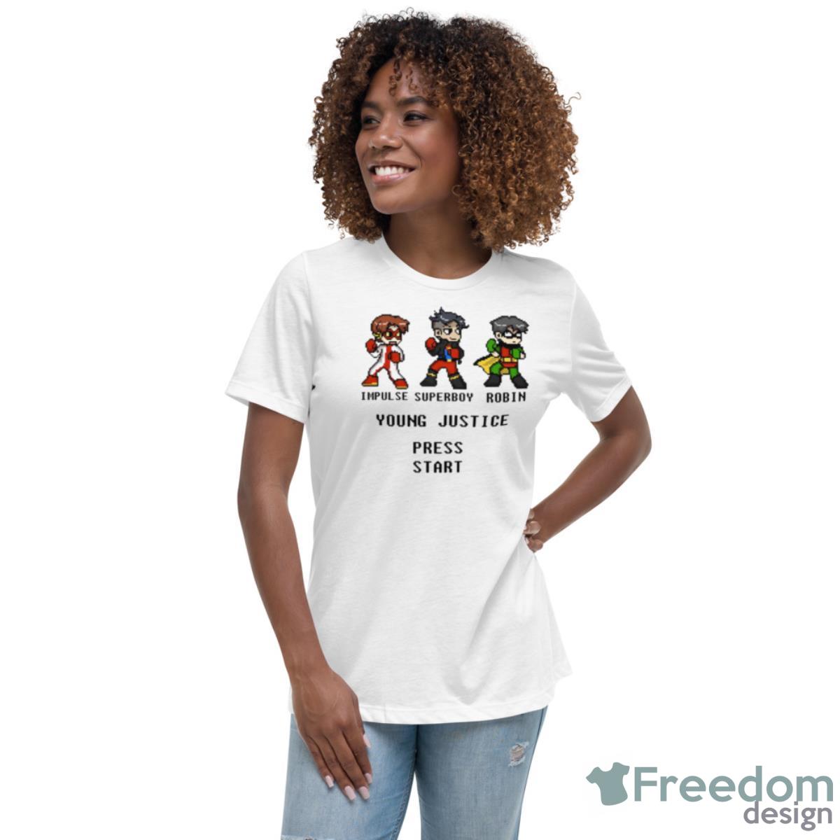 Press Start Game Young Justice Go Shirt - Womens Relaxed Short Sleeve Jersey Tee Press Start Game Young Justice Go Shirt - Womens Relaxed Short Sleeve Jersey Tee