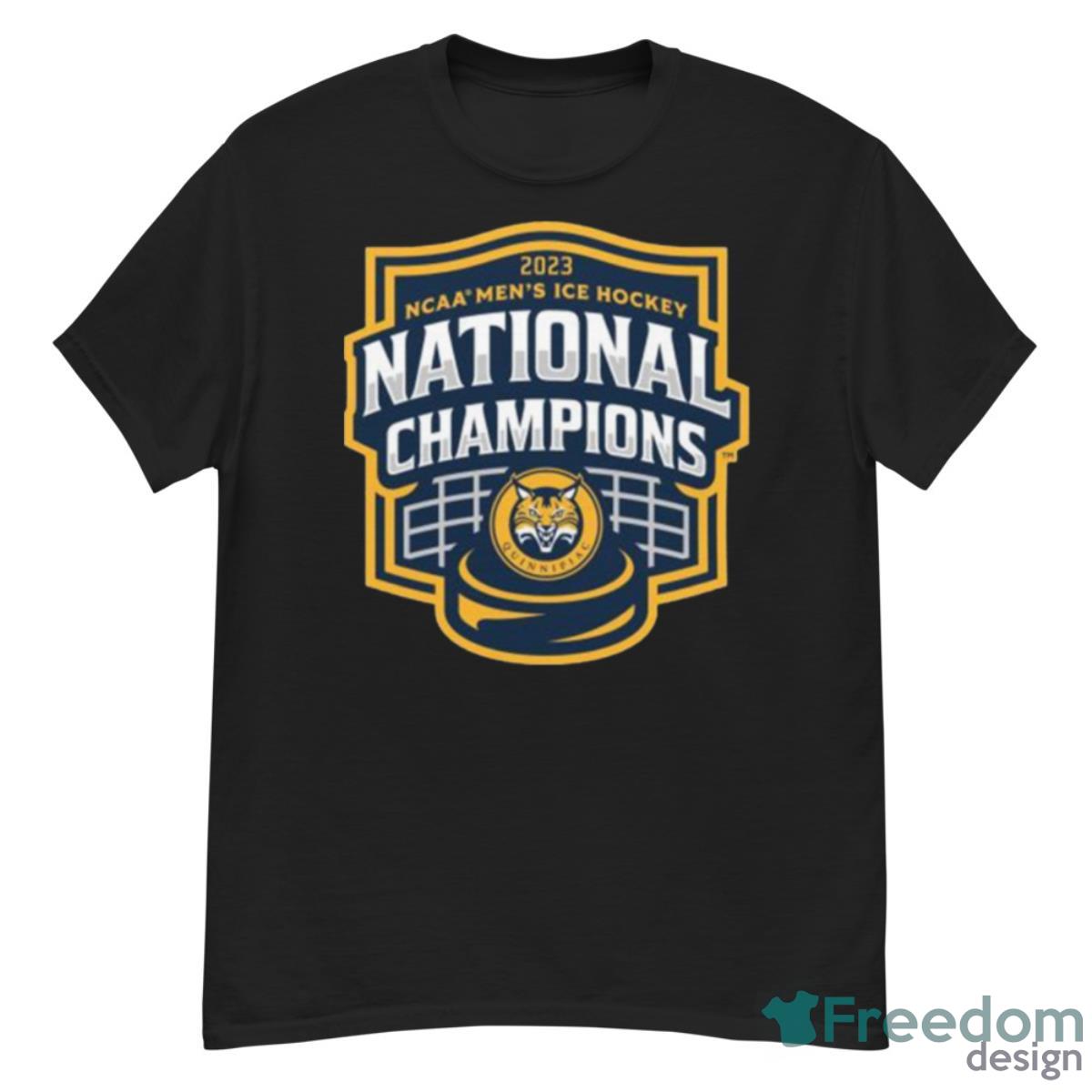 Quinnipiac Bobcats 2023 NCAA Men’s Ice Hockey National Champions Shield Shirt - G500 Men’s Classic T-Shirt