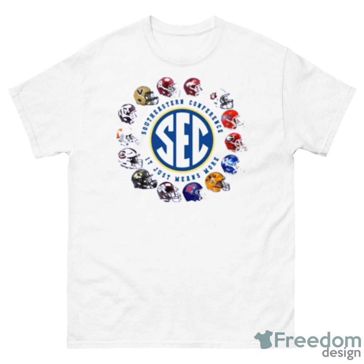 2023 Sec Southeastern Conference It Just Means More 14 Teams Helmet Shirt - 500 Men’s Classic Tee Gildan